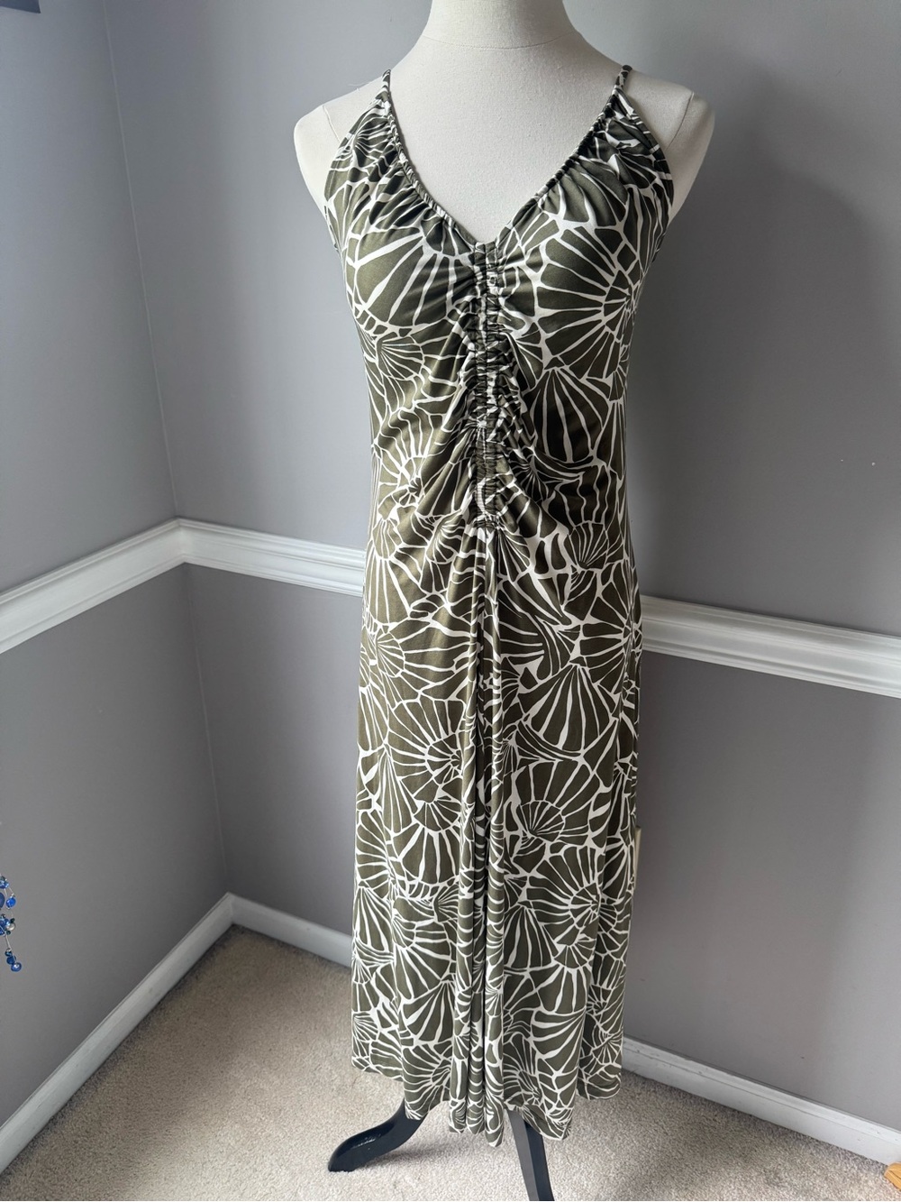 LOFT Olive & White Floral Cinched V‑Neck Maxi Dress